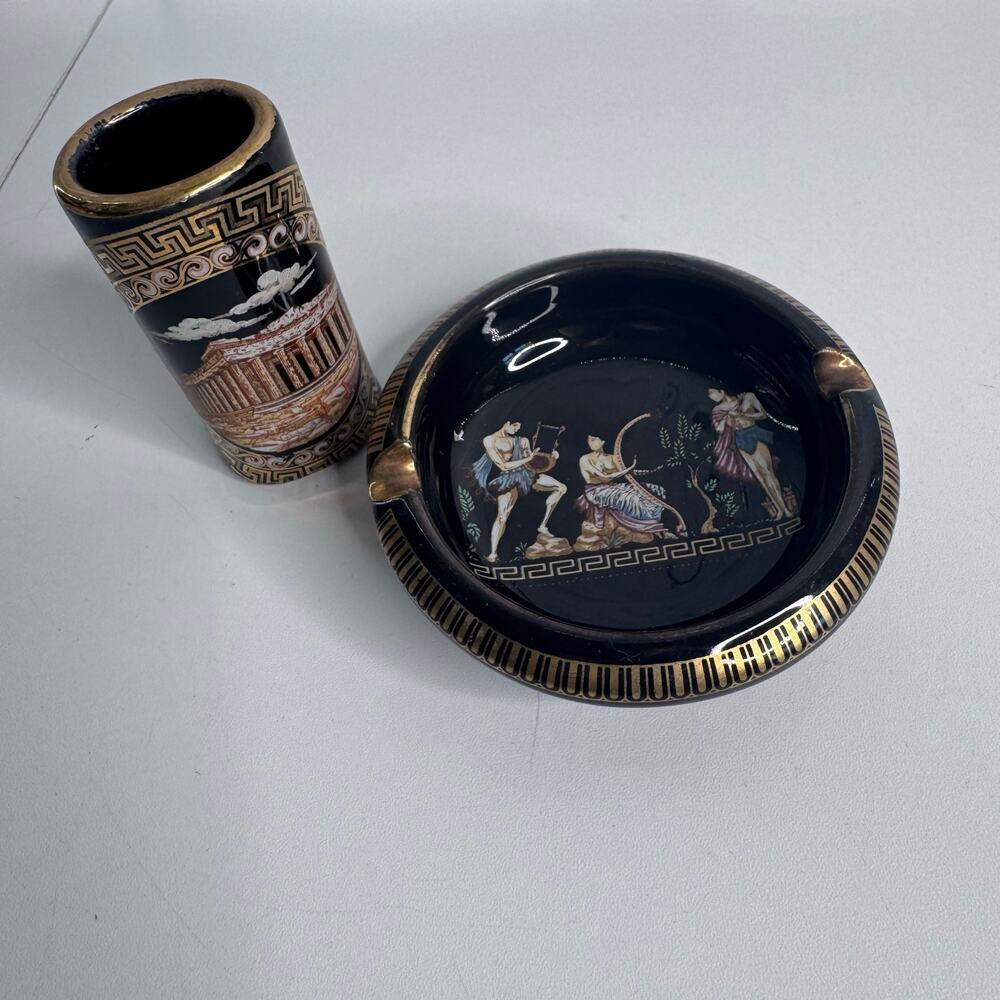 Greek  Ashtray & Lighter Holder Ceramic Handmade Greece Gold Ornate Vintage